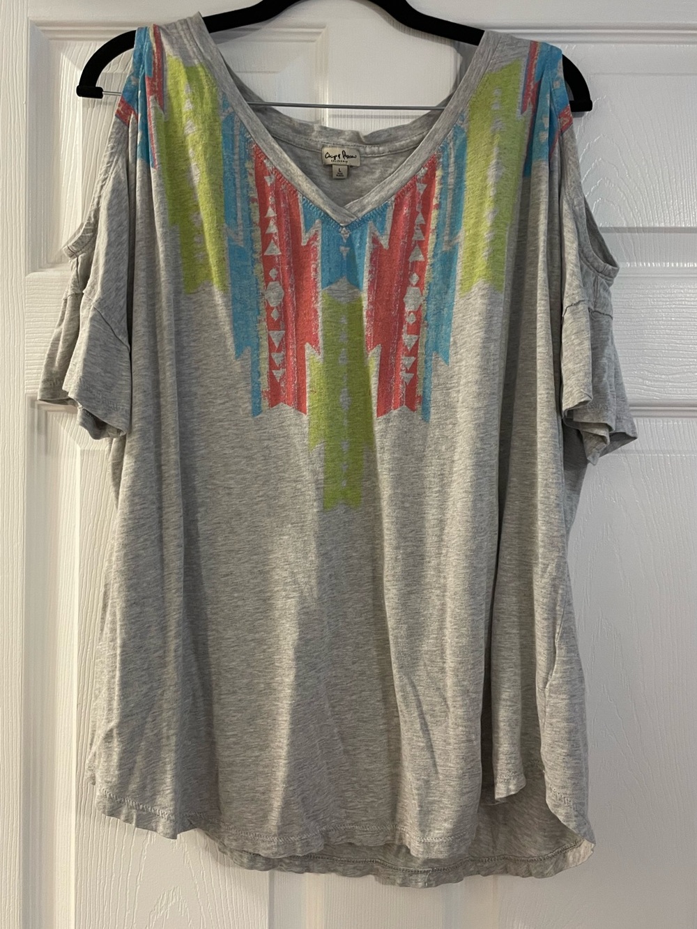 5/$25 Grey Cold-Shoulder V-Neck Top with Colorful Aztec Print